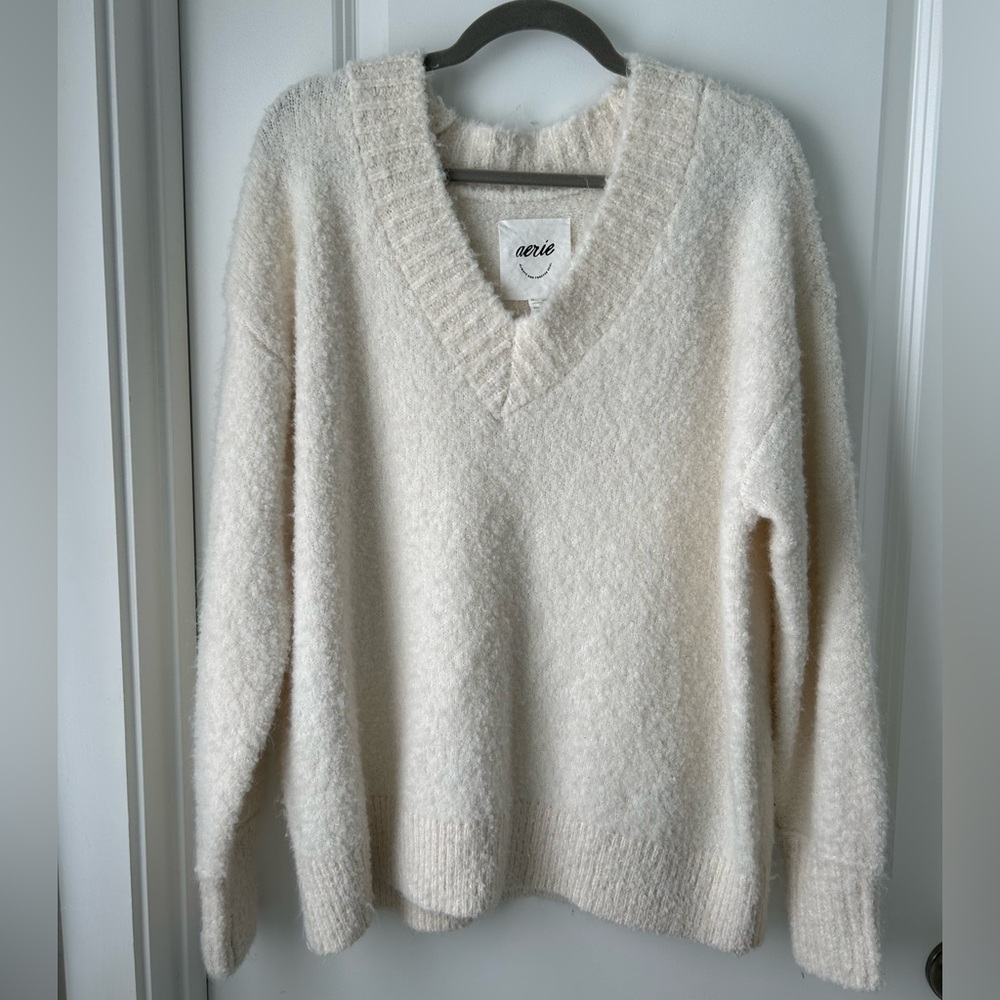 Aerie Women's Soft Cream Oversized V-Neck Sweater